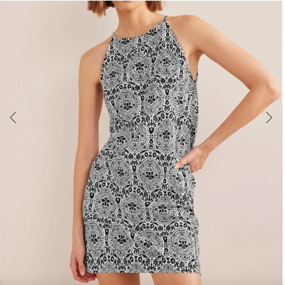 Boden Racer Neck Jersey Mini Dress, Black, Exotic Tile‎ | Size US 8R